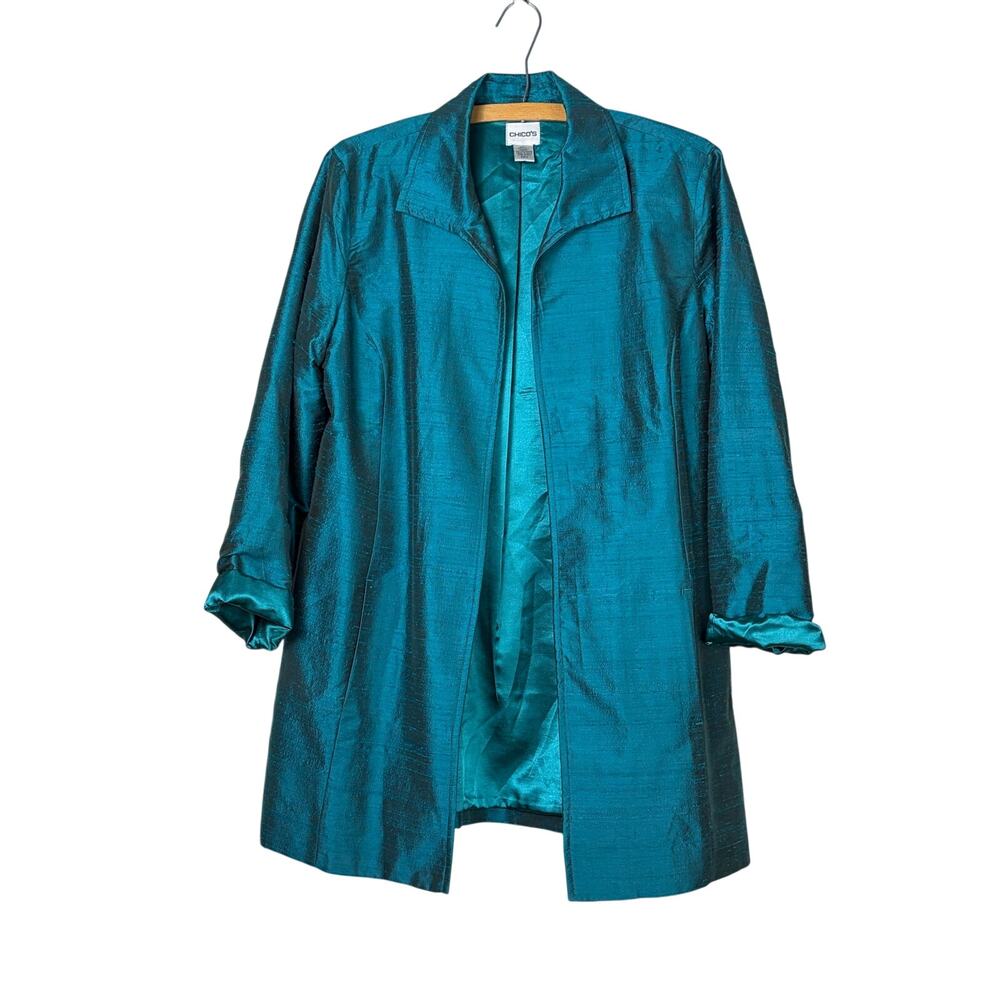 Chico's Teal Silk Open Front Dress Jacket Size 2  L 12 Wedding Guest